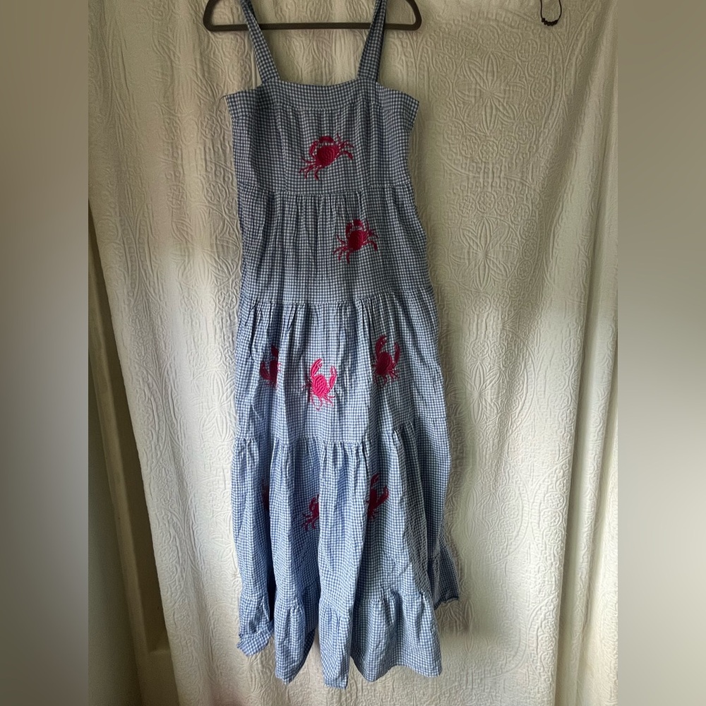 Blue Gingham Dress with Pink Crab Embroidery